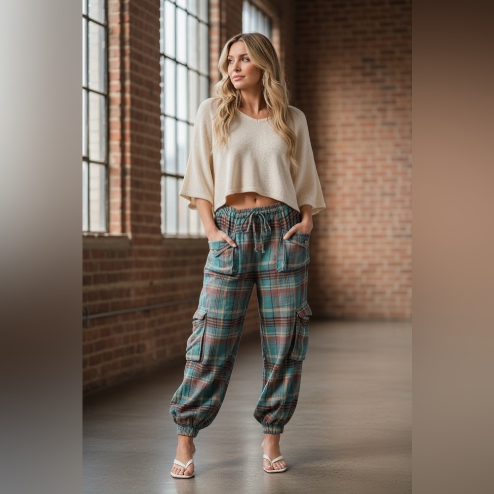 Plush Plaid Cargo Jogger Pants - Teal Plaid - Picture 6 of 6